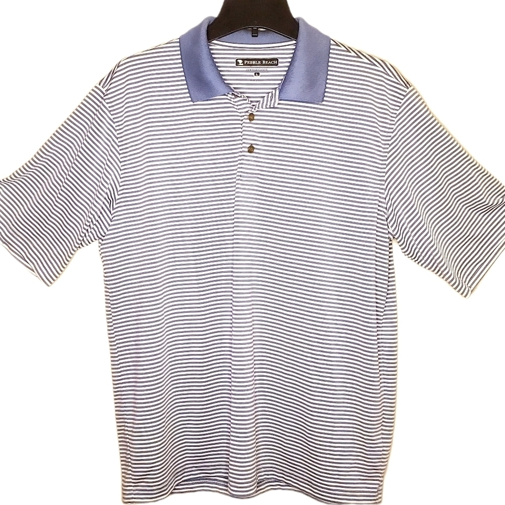 PEBBLE BEACH PERFORMANCE Golf Polo Shirt L Blue White Stripe Sportswear EUC